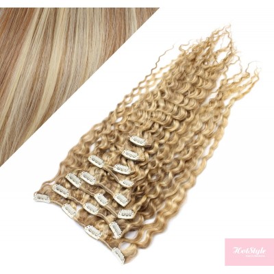 50cm lockige REMY Clip In Haare - helle Strähnchen