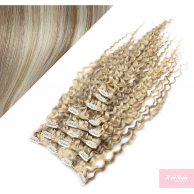 50cm lockige REMY Clip In Haare - platin/hellbraun