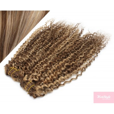 53 cm lockige REMY Clip In Deluxe Haare - dunkle Strähnchen