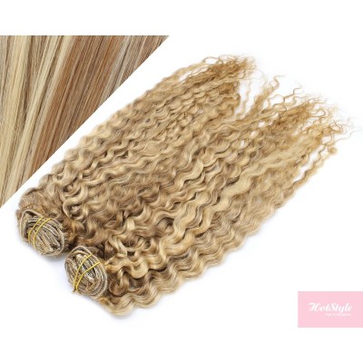 53 cm lockige REMY Clip In Deluxe Haare - helle Strähnchen