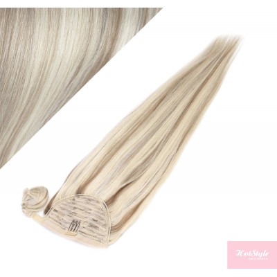 Gerade Clip Pferdeschwanz/Zopf, 100% Remy Menschenhaar, 60 cm - platin/hellbraun