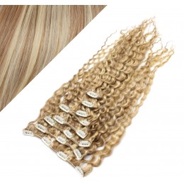 50cm lockige REMY Clip In Haare - helle Strähnchen